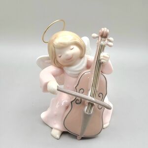Vintage Ceramic Angel Figurine with Iridescent Wings Playing a Cello